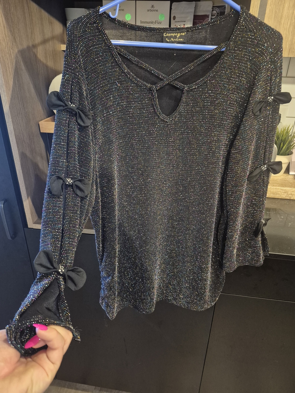 Champagne Black Sparkle Bow-Sleeve Women's Top